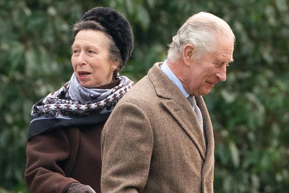 King Charles III and the Princess Royal arrive to attend a church service at St Mary Magdalene Church in Sandringham
