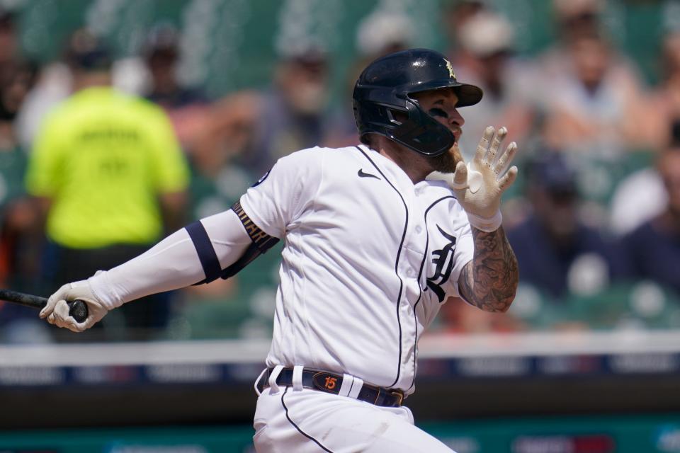 Tigers catcher Tucker Barnhart hits a one-run double against the Athletics in the fifth inning on Thursday, May 12, 2022, at Comerica Park.