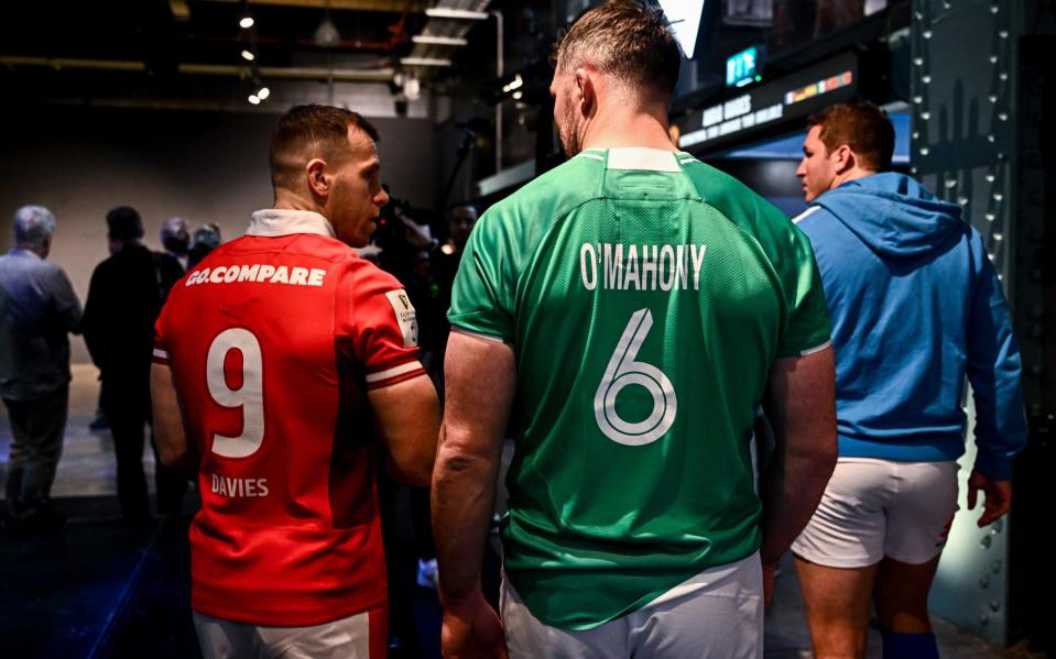 Ireland captain Peter O'Mahony and Gareth Davies of Wales during the launch of the Guinness Six Nations Rugby Championship at the Guinness Storehouse in Dublin