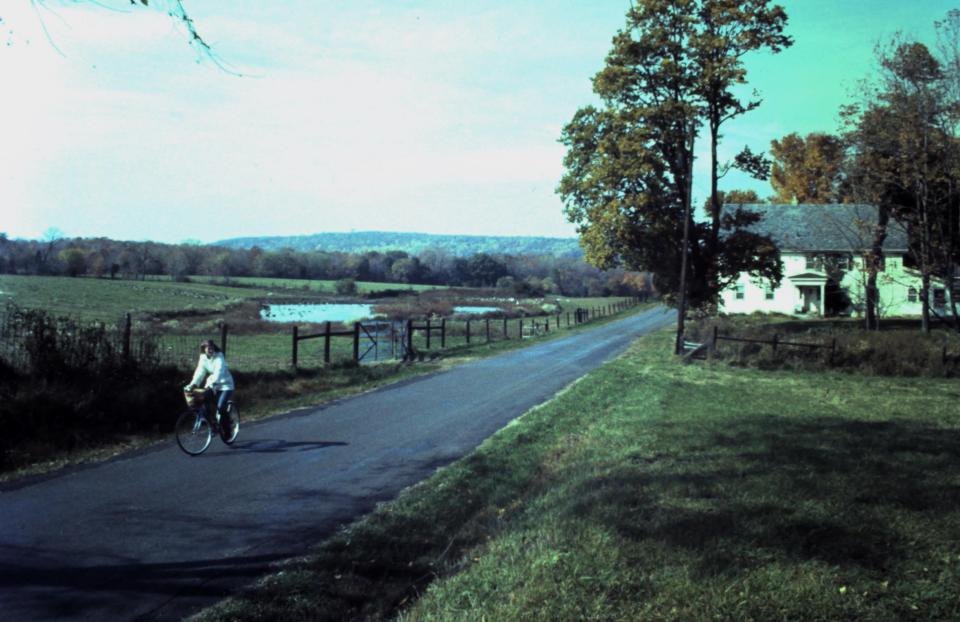 Author's wife Mary Anne biking on Holicong Road in Buckingham near the farmhouse where they lived and heading for Smith Road in the 1970s.