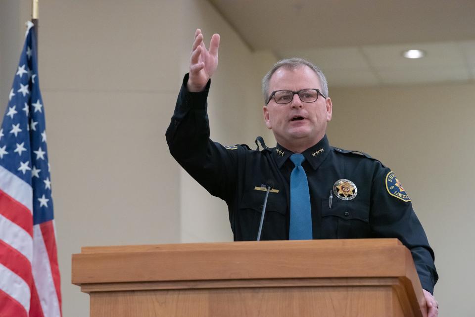 Newly sworn-in Larimer County Sheriff John Feyen speaks to the crowd during a swearing-in ceremony for newly elected county officials Tuesday in Fort Collins.