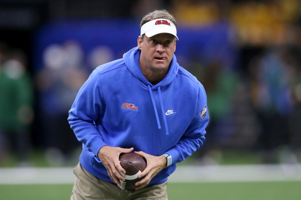 Mississippi coach Lane Kiffin reacts during warm ups before the Sugar Bowl against Baylor. (Chuck Cook, USA TODAY Sports)