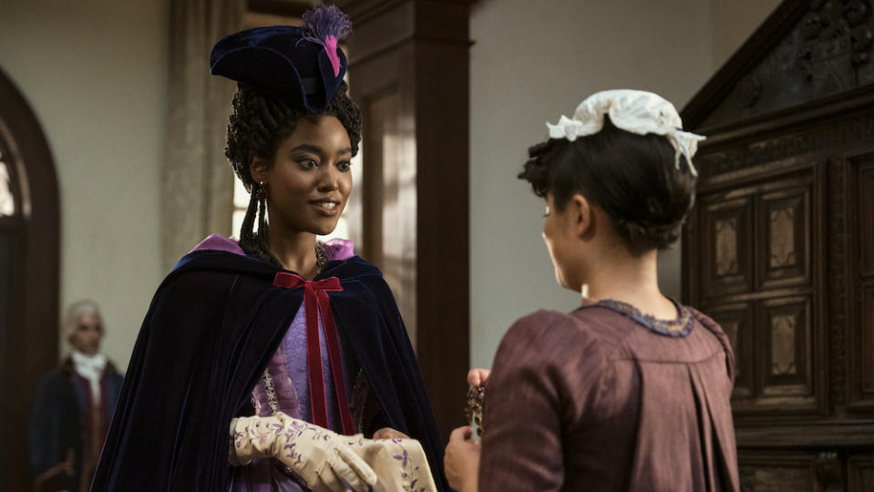 Queen Charlotte: A Bridgerton Story. (L to R) Arsema Thomas as Young Agatha Danbury, Peyvand Sadeghian as Coral in episode 106 of Queen Charlotte: A Bridgerton Story. Cr. Nick Wall/Netflix © 2023