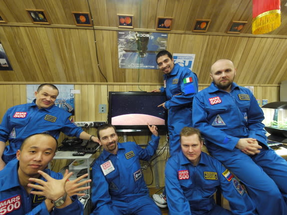 The six volunteers of Russia's Mars500 mock Mars mission pose for a crew portrait in May 2011 during their 520-day endurance mission simulation.