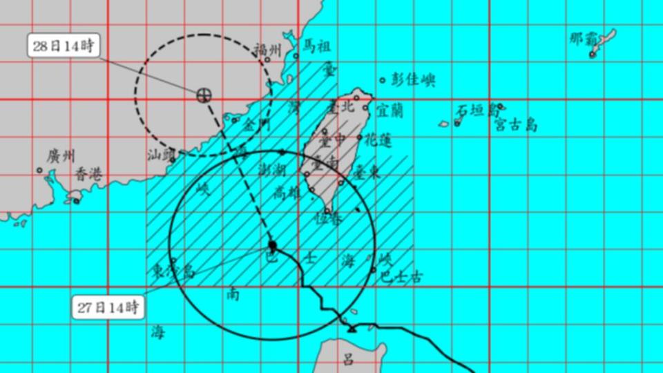 杜蘇芮暴風圈籠罩南部、恆春半島。（圖／中央氣象局）