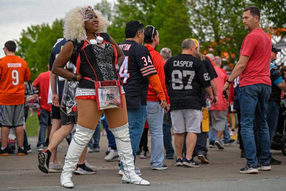 Carolyn Bird Lady, of Atlanta strikes a pose at the NFL Draft Experience Thursday, April 27, 2023, at the National WWI Museum and Memorial in Kansas City. She has been in costume as Bird Lady for 25 years.  On game days takes her 6-8 hours to do her make up.