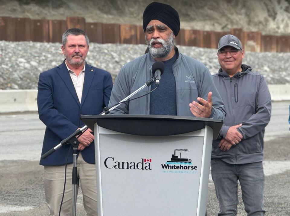 Harjit Sajjan, Canada's minister of emergency preparedness, speaks at a funding announcement in Whitehorse, May 6, 2024.