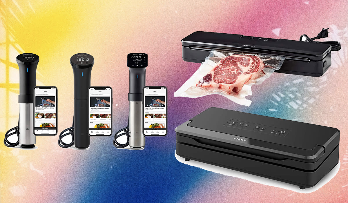 Three sous vide cookers next to each other plus two food vacuum sealers on the right, background is a pastel tropical motif