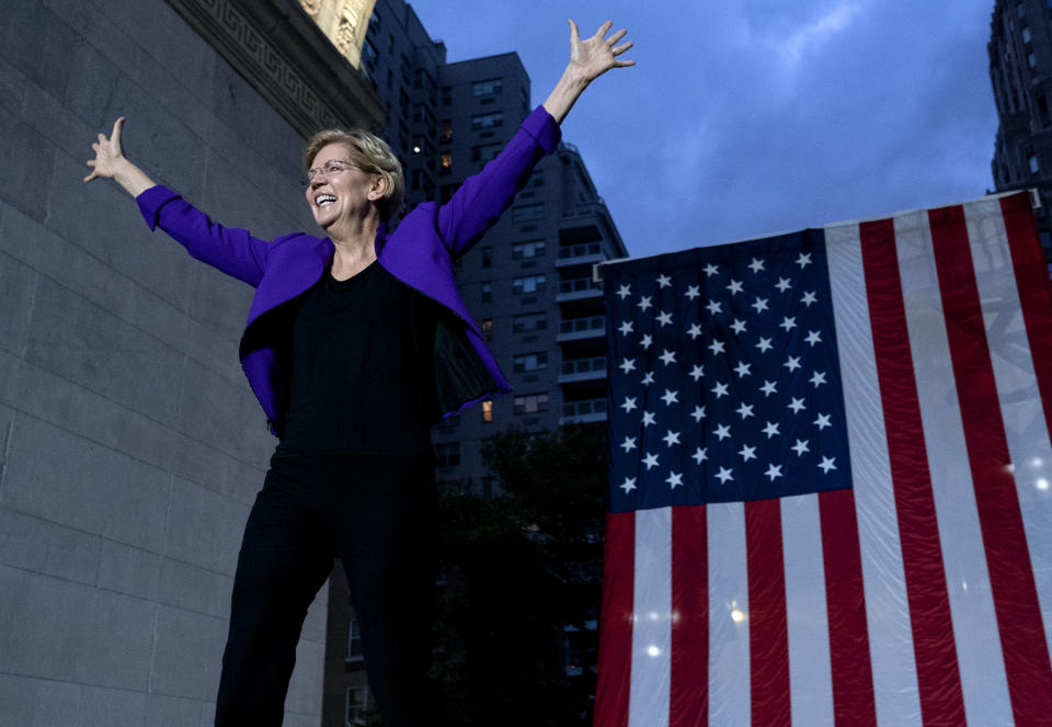 Democratic presidential candidate U.S. Sen. Elizabeth Warren takes the stage before addressing supporters at a rally, Monday, Sept. 16, 2019, in New York. (AP Photo/Craig Ruttle)