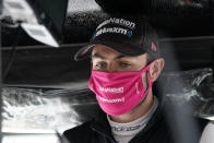 Jack Harvey, of England, waits in his pit box during a practice session for the IndyCar auto race at Indianapolis Motor Speedway, Thursday, Oct. 1, 2020, in Indianapolis. (AP Photo/Darron Cummings)