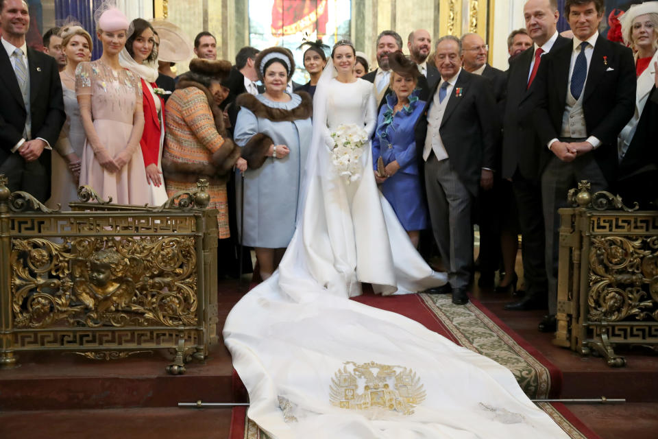 ST PETERSBURG, RUSSIA  OCTOBER 1, 2021: Grand Duchess Maria Vladimirovna of Russia (CL) during the wedding of her son, Grand Duke George Mikhailovich of Russia (CR), and Rebecca (Victoria) Bettarini of Italy (C) at St Isaac's Cathedral. Peter Kovalev/TASS (Photo by Peter Kovalev\TASS via Getty Images)