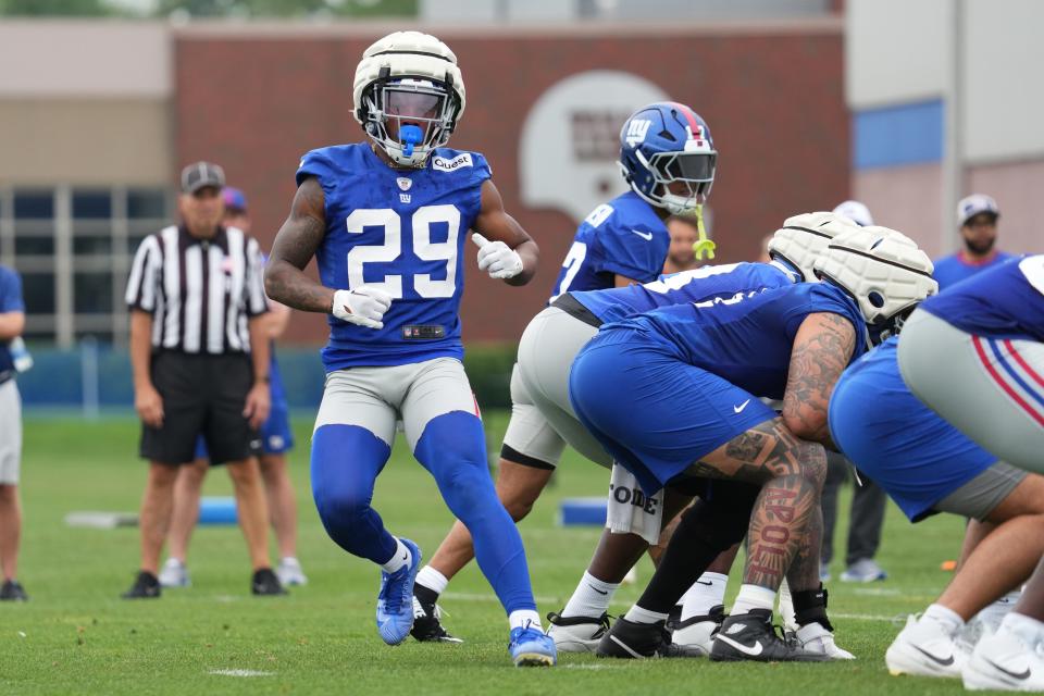 Jul 25, 2024; East Rutherford, NY, USA; New York Giants running back Tyrone Tracy Jr. (29) participates in a drill during training camp at Quest Diagnostics Training Center. Mandatory Credit: Lucas Boland-USA TODAY Sports