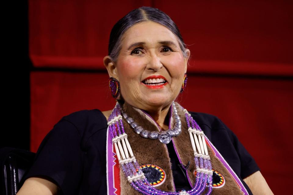 LOS ANGELES, CALIFORNIA - SEPTEMBER 17: Sacheen Littlefeather on stage at AMPAS Presents An Evening with Sacheen Littlefeather at Academy Museum of Motion Pictures on September 17, 2022 in Los Angeles, California. (Photo by Frazer Harrison/Getty Images)