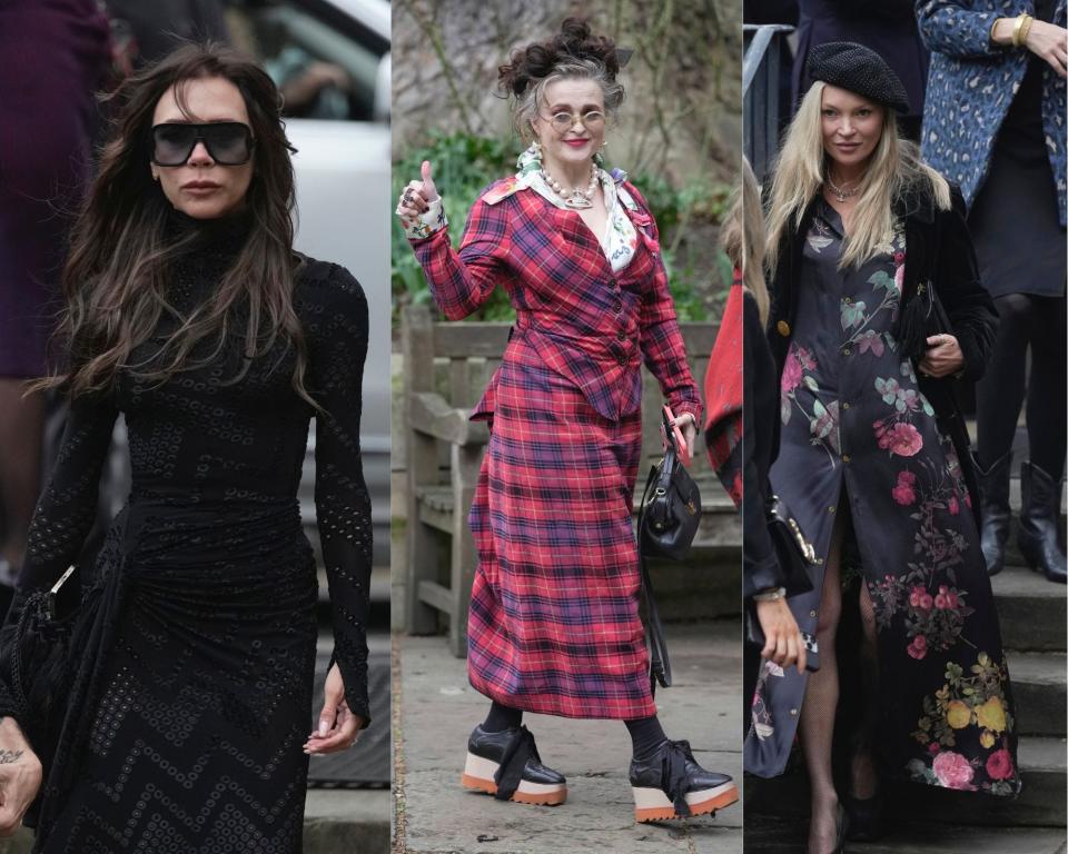 Victoria Beckham, from left, Helena Bonham Carter, Kate Moss and other stars attended the Thursday memorial of British fashion designer Vivienne Westwood, who died in December.
