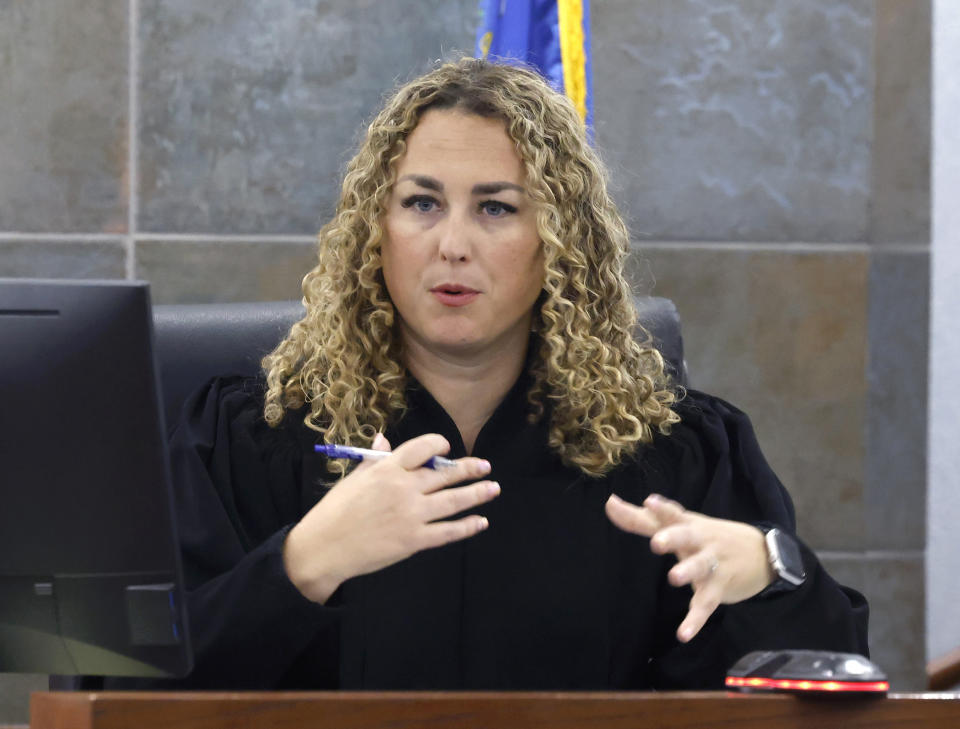 District Court Judge Carli Kierny presides over a status hearing for Duane “Keffe D” Davis, who is accused of orchestrating the 1996 slaying of hip-hop icon Tupac Shakur, at the Regional Justice Center, on Tuesday, April 23, 2024, in Las Vegas. (Bizuayehu Tesfaye/Las Vegas Review-Journal via AP)