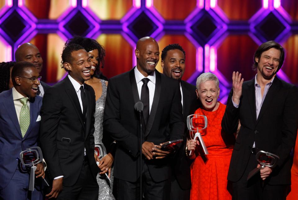 In Living Color cast members, from left, Tommy Davidson, David Alan Grier, Marlon Wayans, Kim Wayans, Keenen Ivory Wayans, Shawn Wayans, Kelly Coffield Park and Jim Carrey are honored during the TV Land Awards, Saturday, April 14, 2012 in New York. (AP Photo/Jason DeCrow)