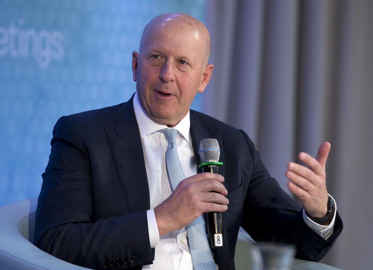Chairman and CEO of Goldman Sachs David Solomon speaks during the 2019 World Bank/IMF Annual Meetings in Washington.
