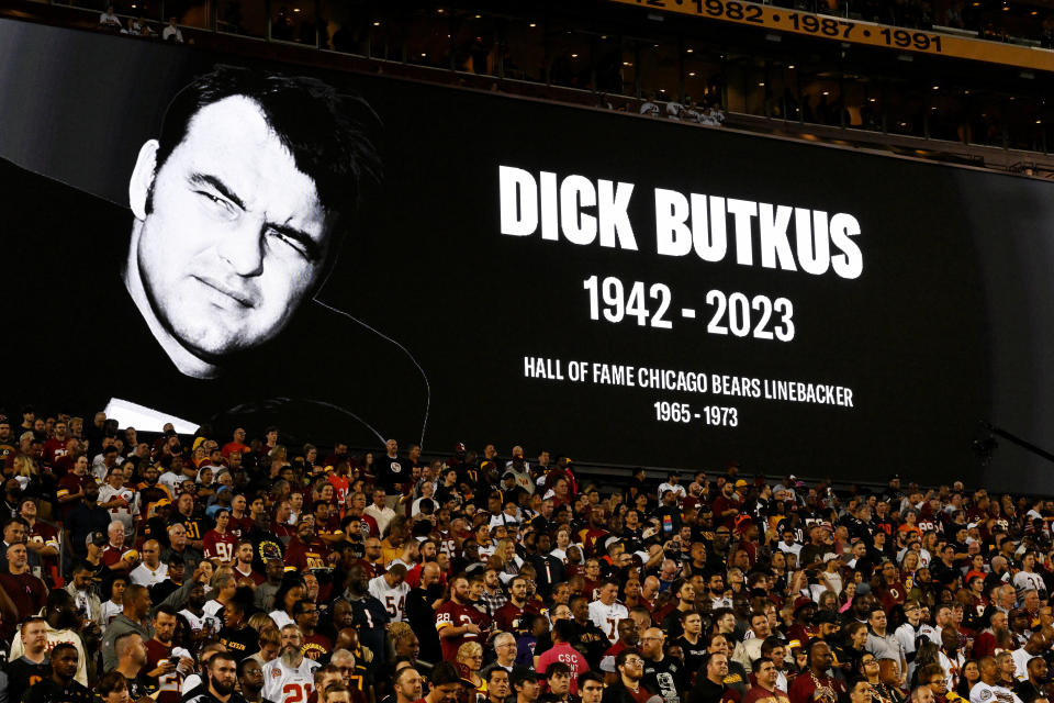LANDOVER, MARYLAND - OCTOBER 05: A general view during a moment of remembrance for former Chicago Bears Hall of Fame linebacker Dick Butkus at FedExField on October 05, 2023 in Landover, Maryland. Butkus passed away at age 80 on October 05, 2023. / Credit: / Getty Images