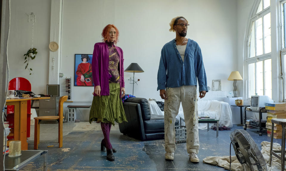 This image released by A24 Films shows Tilda Swinton, left, and RZA in a scene from "Problemista." (Jon Pack/A24 via AP)