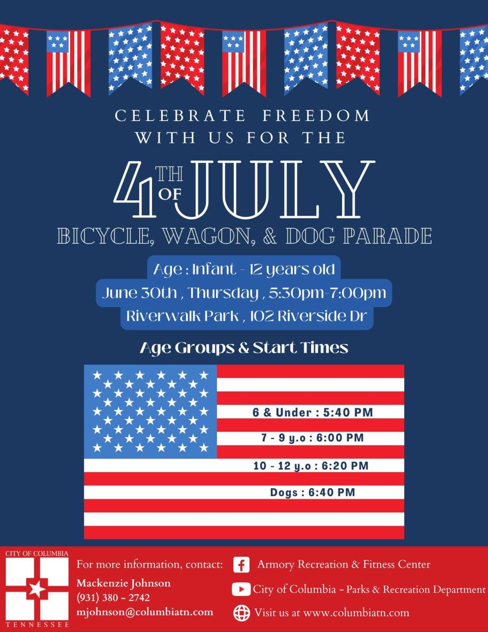 The annual Columbia 4th of July Bicycle, Wagon & Dog Parade will take place at Riverwalk Park starting at 5 :30 p.m. Thursday.