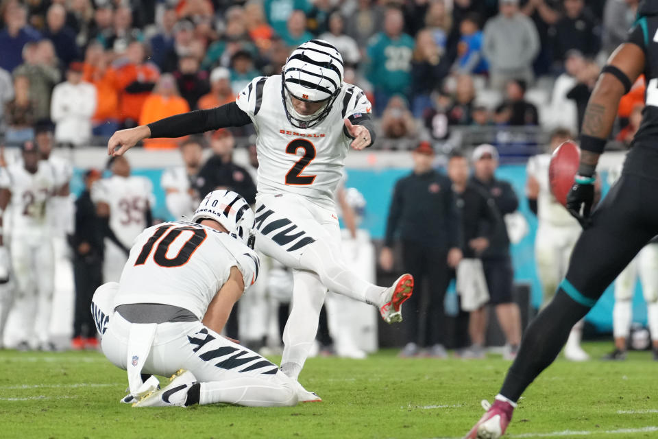 Evan McPherson connects on the game-winning field goal in overtime that dealt so many fantasy football managers tough defeats. (Photo by Peter Joneleit/Icon Sportswire via Getty Images)