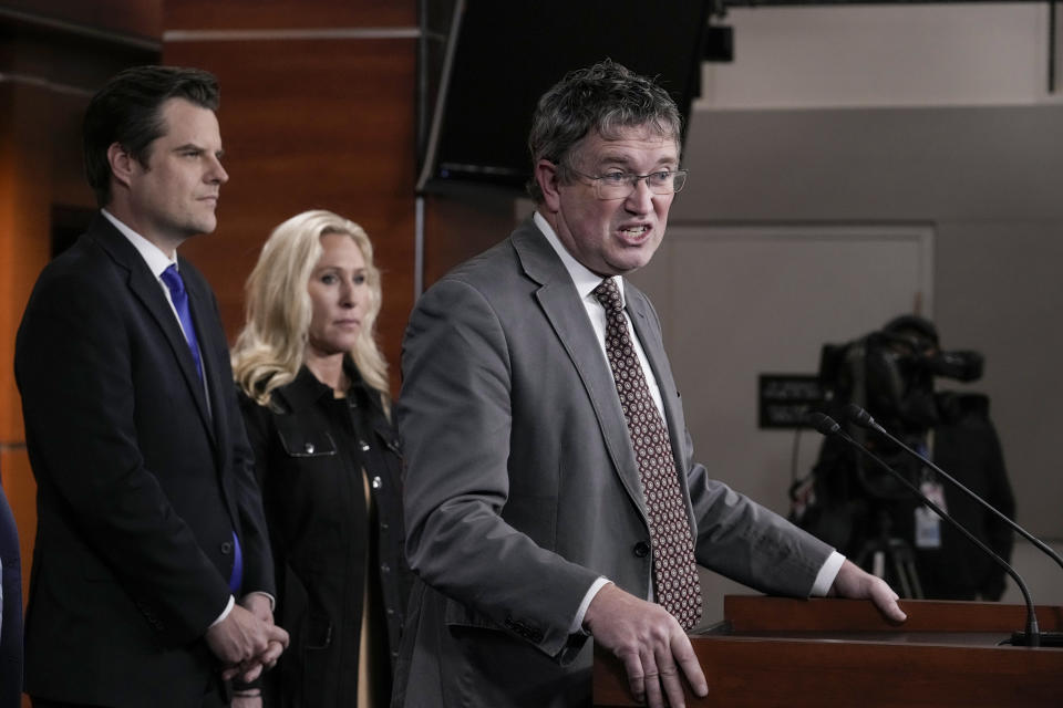 Rep. Thomas Massie, joined by Greene and Rep. Matt Gaetz, speaks at Thursday’s news conference at the Capitol. 