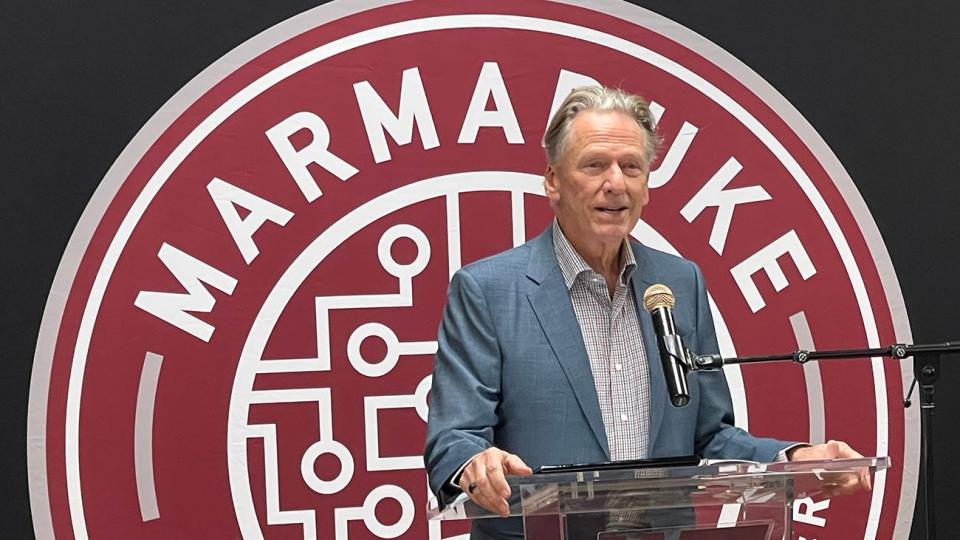 John Marmaduke, former Hastings CEO, speaks at the grand opening of the newly renamed Marmaduke Internet Innovation Center on the campus of West Texas A&M University.