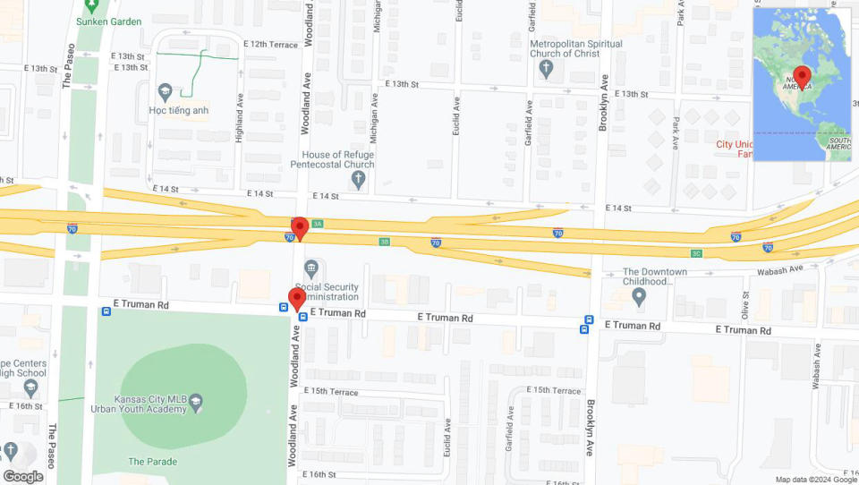 A detailed map that shows the affected road due to 'Kansas City: East Truman Road temporarily closed' on July 25th at 9:38 p.m.