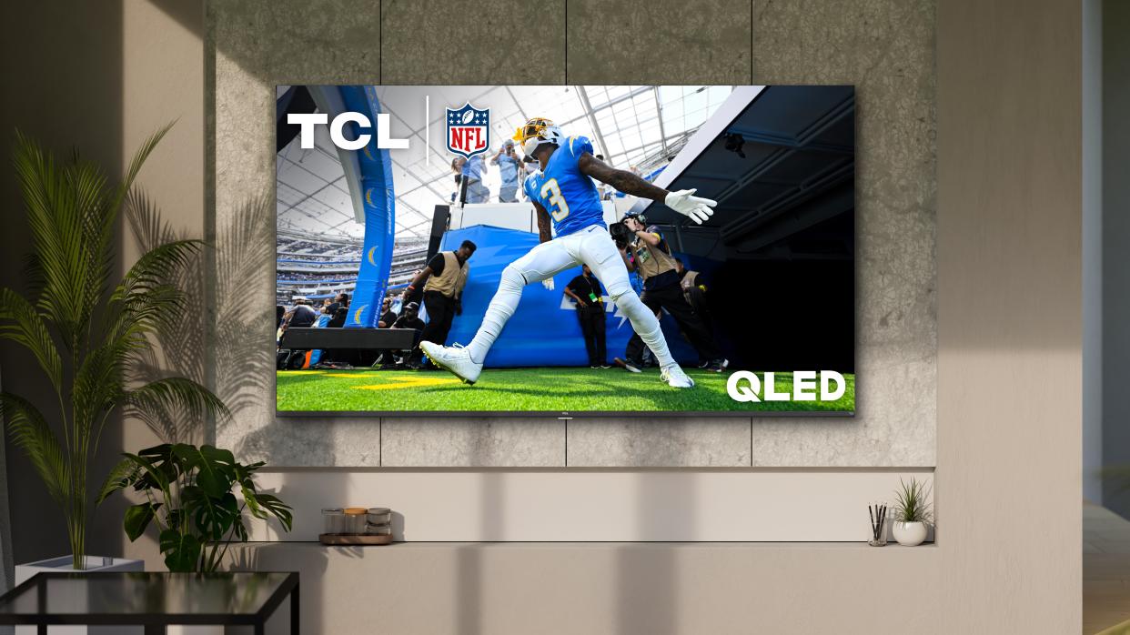  TCL Q6 TV on brown wall with fern next to it  
