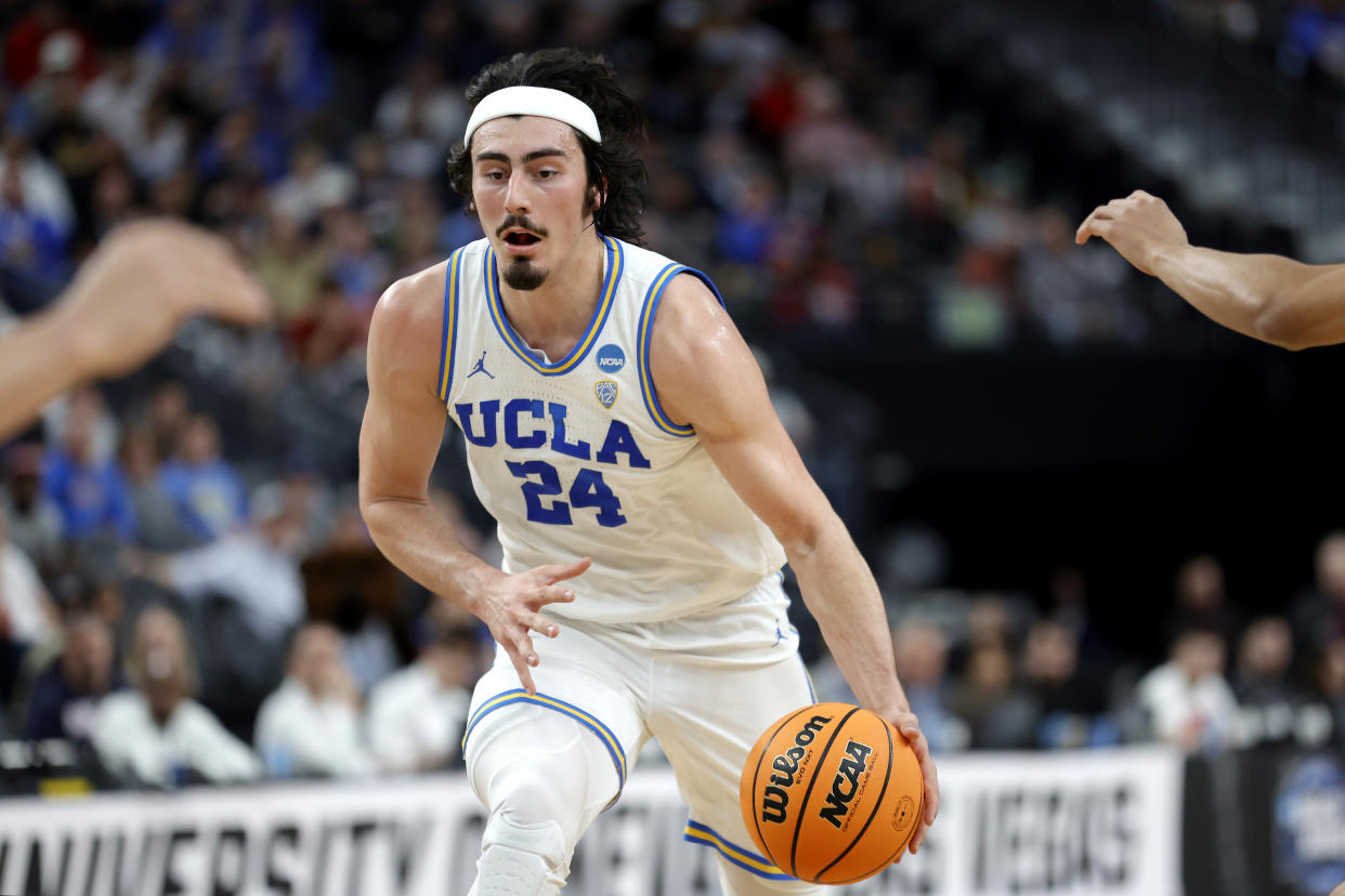 LAS VEGAS, NEVADA - MARCH 23: Jaime Jaquez Jr. #24 of the UCLA Bruins dribbles the ball during the first half against the Gonzaga Bulldogs in the Sweet 16 round of the NCAA Men's Basketball Tournament at T-Mobile Arena on March 23, 2023 in Las Vegas, Nevada. (Photo by Carmen Mandato/Getty Images)