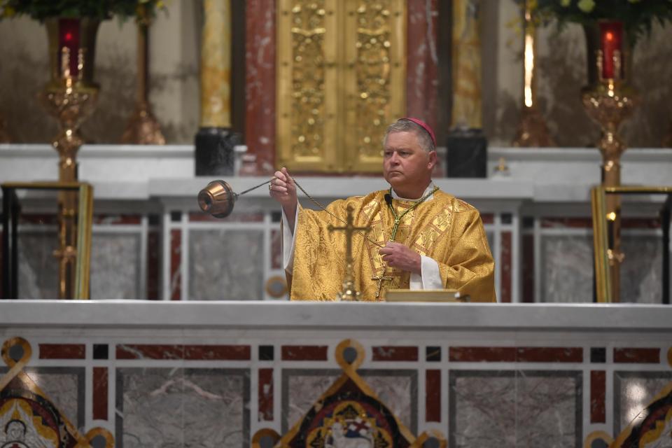 Knoxville Bishop Richard Stika celebrates Easter Mass at the Cathedral of the Most Sacred Heart of Jesus in Knoxville in April 2020. Stika is the target, along with the diocese, in a lawsuit that says the diocese did not properly investigate a rape allegation reported against a seminarian by a diocesan employee.