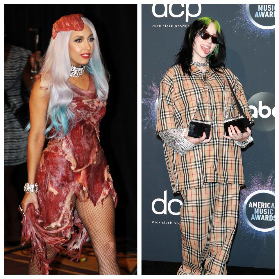 Left: Lady Gaga wears her controversial meat dress at the 2010 MTV Video Music Awards on September 12, 2010. Right: Billie Eilish at the 2019 American Music Awards on Nov. 24, 2019.