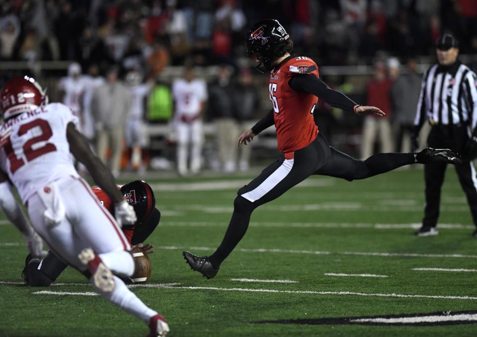 Texas Tech's place kicker Trey Wolff (36) kicks the game winning field goal against Oklahoma in their last Big 12 home football game, Saturday, Nov. 26, 2022, Jones AT&T Stadium. 