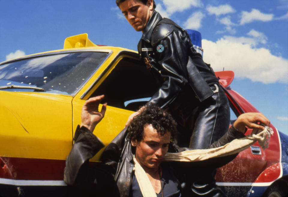 American actor Mel Gibson and English actor Hugh Keays-Byrne on the set of Mad Max written and directed by Australian George Miller. (Photo by Sunset Boulevard/Corbis via Getty Images)