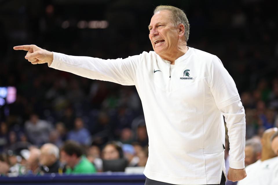 Michigan State coach Tom Izzo reacts against Notre Dame during the first half on Wednesday, Nov. 30, 2022, in South Bend, Indiana.