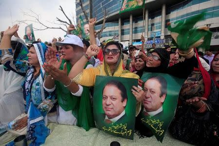 Supporters of Pakistan's Prime Minister Nawaz Sharif react after the Supreme Court's decision to disqualify Sharif, in Lahore, Pakistan July 28, 2017. REUTERS/Mohsin Raza