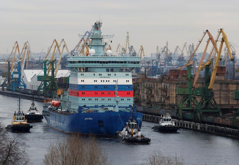 FILE PHOTO: The nuclear-powered icebreaker Arktika is seen drawn by tug boats as it starts the sea trials, in Saint Petersburg