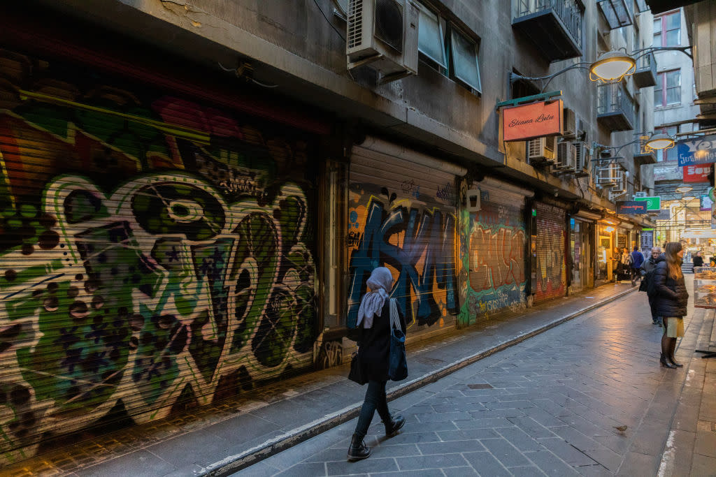 Closed down cafes at the usual busy and popular Degraves Street Laneway on July 09, 2020 in Melbourne, Australia. (Photo by Asanka Ratnayake/Getty Images)
