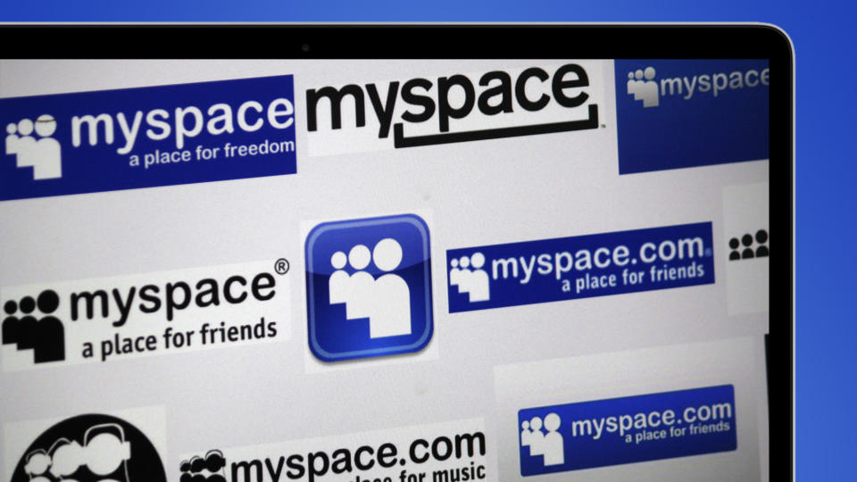 A laptop screen showing MySpace in its early days