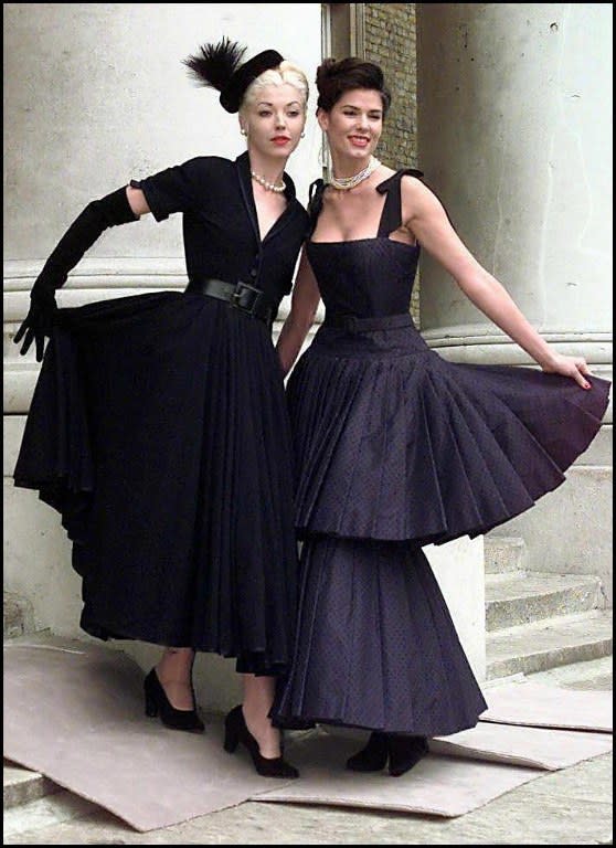 Models Tamara Beckwith (left) and Christina Estrada model two rare Dior dresses, 'Soiree' and 'Diorama' which were among Christian Dior's most famous 1947 creations.