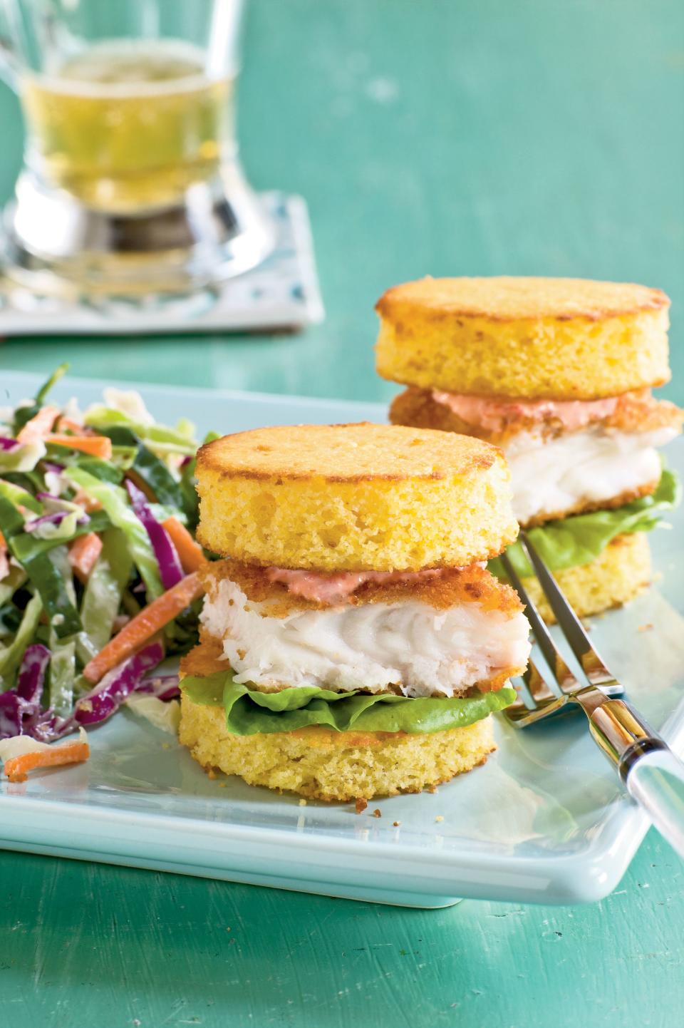 Fish Sliders on Cornbread Rounds with Red Pepper Mayonnaise