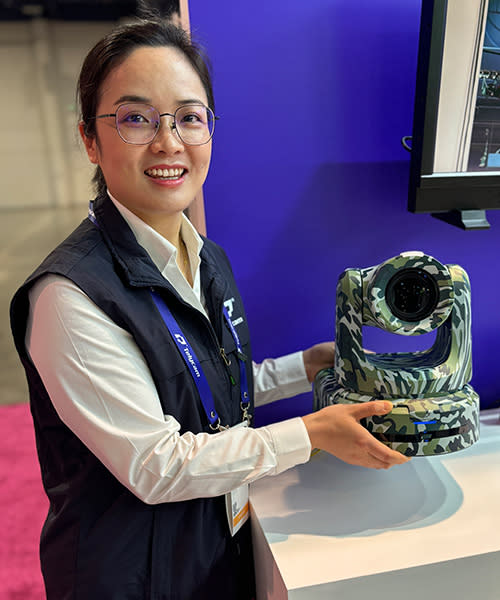 Telycam's Jenny Liu with the Explore PTZ at NAB 2024