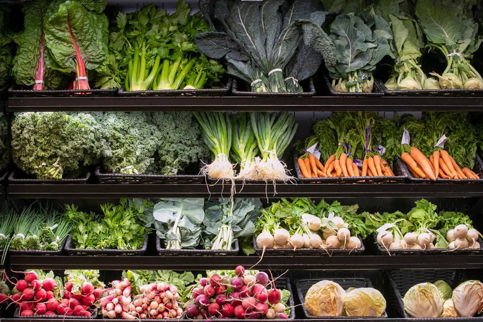 Fresh vegetables on display at Haymarket on River Rd.  Haymarket is a "farm-to-table" marketplace with grocery offerings, grab-and-go food options and outdoor merchandising area opening June 14. The store also has a drive-thru that sells coffee and food, which is open.