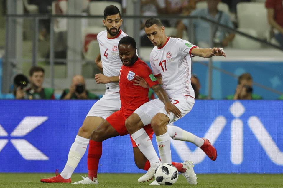 <p>England’s Raheem Sterling vies for the ball with Tunisia’s Yassine Meriah and Wahbi Khazri. (AP) </p>