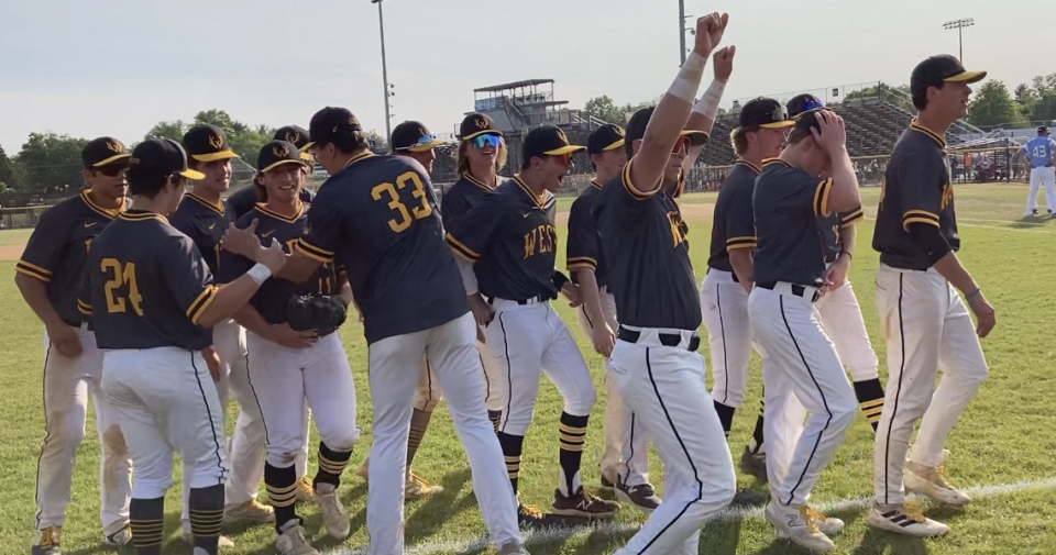 Central Bucks West players celebrate Tuesday's 14-1 win over North Penn in the PIAA District One Class 6A semifinals.