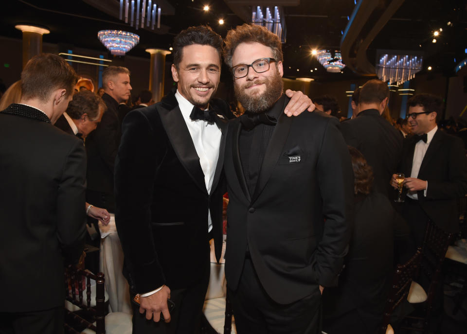 BEVERLY HILLS, CA - JANUARY 07:  Actors/filmmakers James Franco (L) and Seth Rogen celebrate The 75th Annual Golden Globe Awards with Moet & Chandon at The Beverly Hilton Hotel on January 7, 2018 in Beverly Hills, California.  (Photo by Michael Kovac/Getty Images for Moet & Chandon)