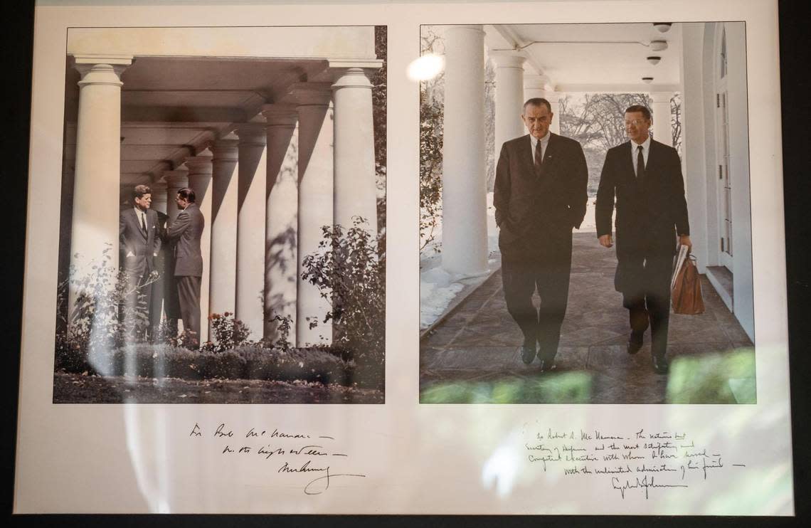 Craig McNamara’s father, Robert McNamara, right, who was secretary of defense under Presidents John F. Kennedy, left, and Lyndon B. Johnson, is pictured in photos now hanging in the younger McNamara’s office at his organic walnut farm on Aug. 18 in Yolo County.