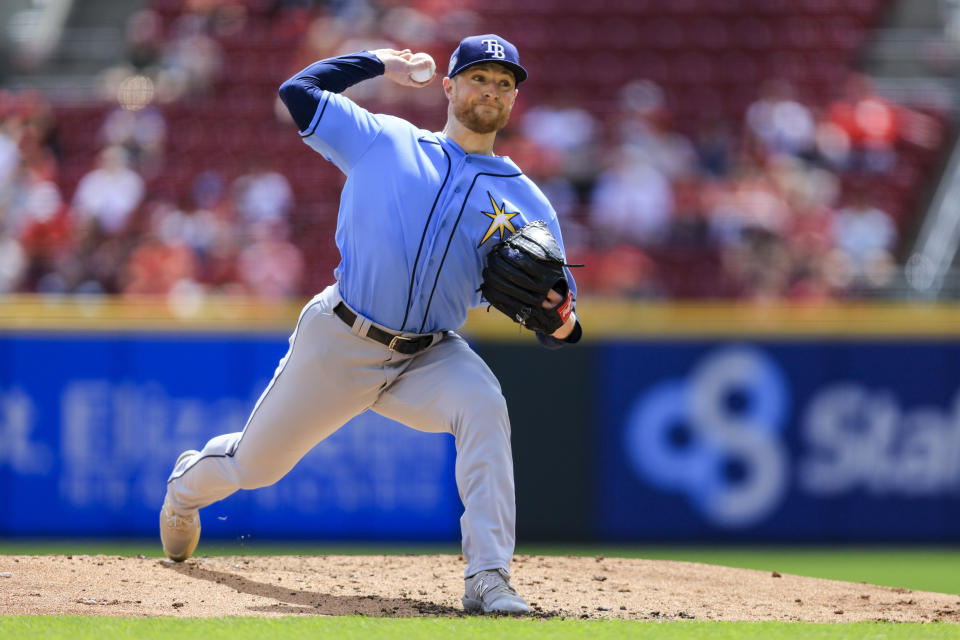 Tampa Bay Rays' Drew Rasmussen throws during the first inning of a baseball game against the Cincinnati Reds in Cincinnati, Wednesday, April 19, 2023. (AP Photo/Aaron Doster)