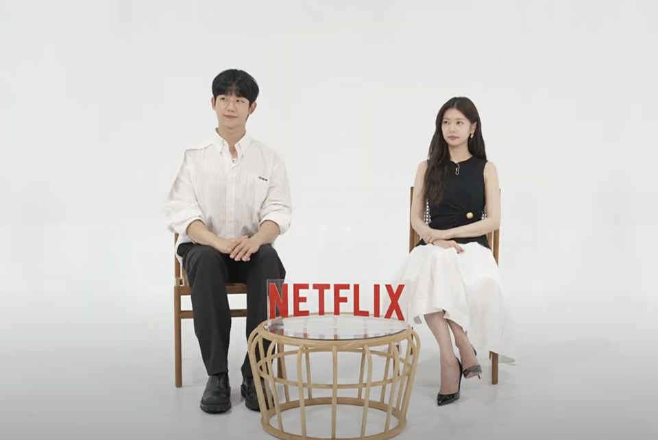 <strong>韓星丁海寅、庭沼珉接受台灣媒體視訊訪問。（圖／Netflix 提供）</strong>