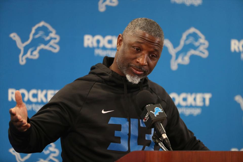 Detroit Lions defensive coordinator Aaron Glenn talks with reporters before OTAs on Thursday, May 26, 2022 at the team practice facility in Allen Park.